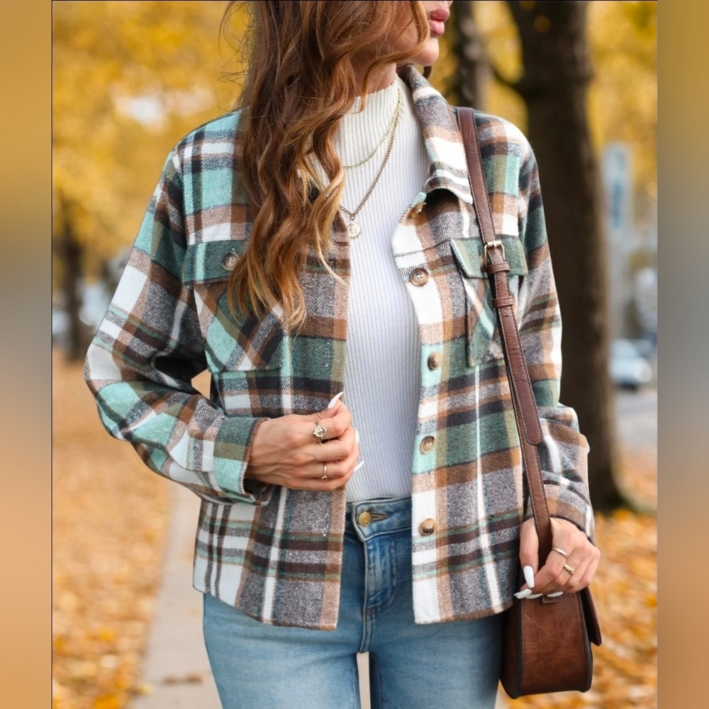 Plaid Shacket Jacket in Mint & Brown - Women